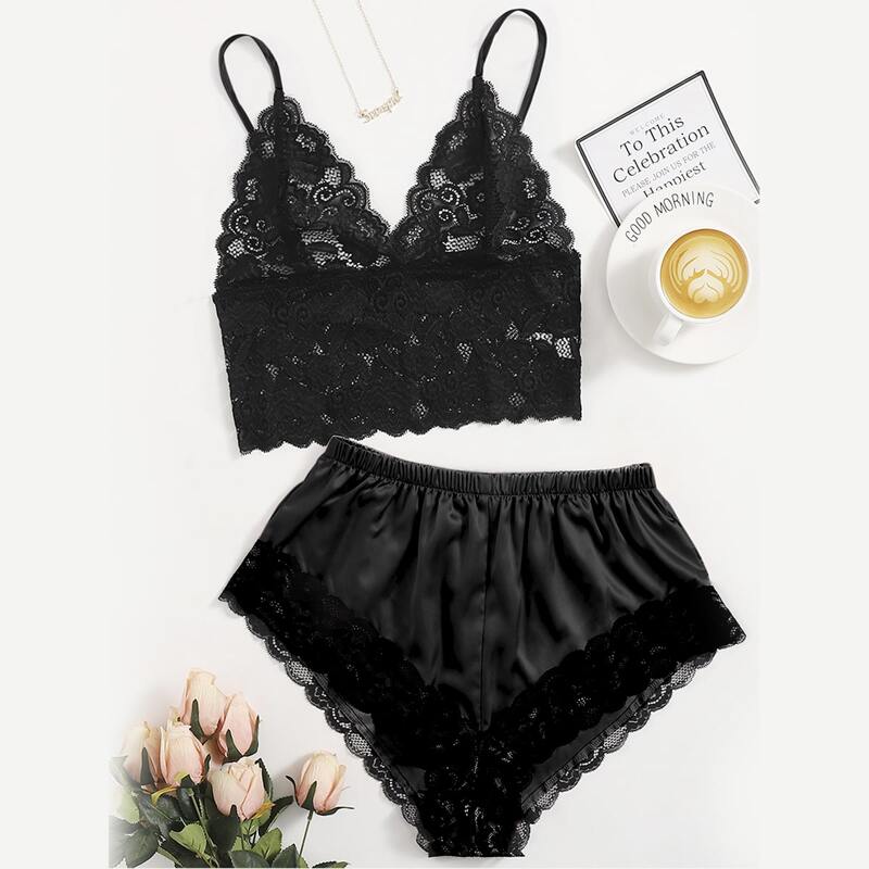 

Lace Trim Satin Cami PJ Set, Black