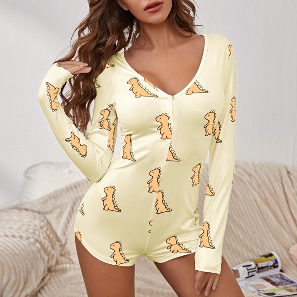 

Cartoon Dinosaur Print Pajama Onesie, Yellow