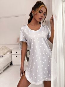 Heart Print Lace Trim Night Dress - Light Grey - View 4