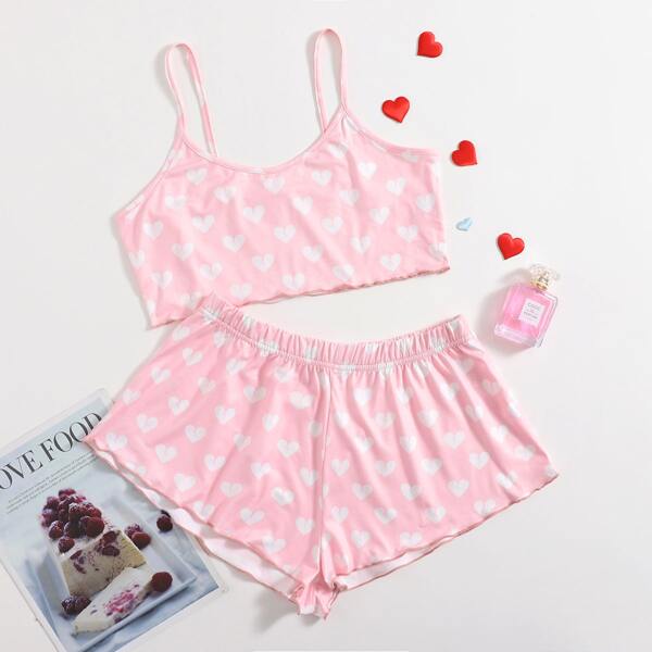

Allover Heart Print Cami Pajama Set, Baby pink