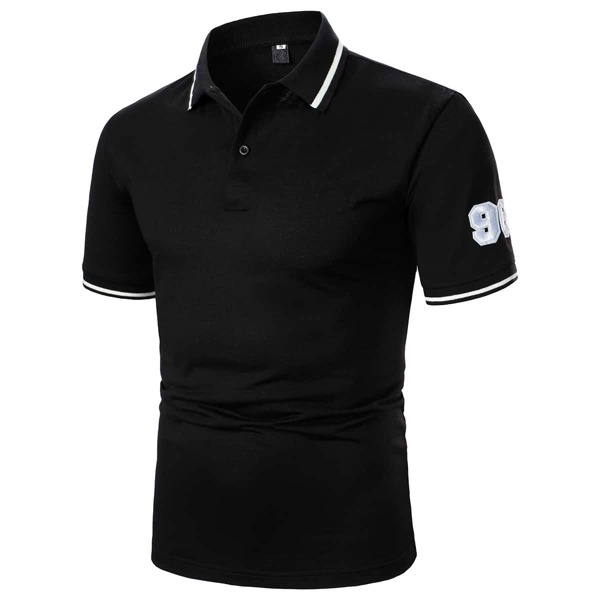 

Men Number Patched Contrast Binding Polo Shirt, Black