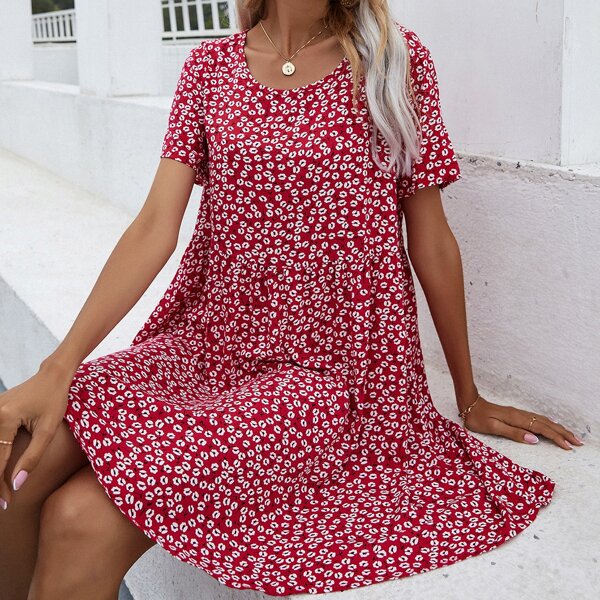 

Ditsy Floral Print Smock Dress, Burgundy