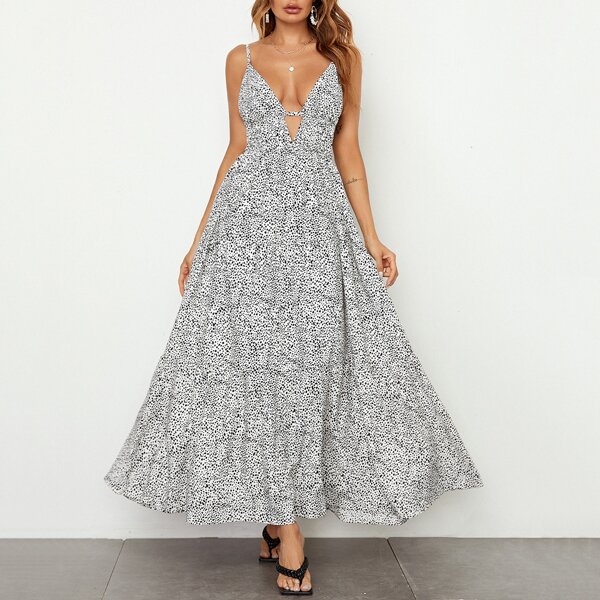 

Open Back Cut Out Front Allover Print Cami Dress, White