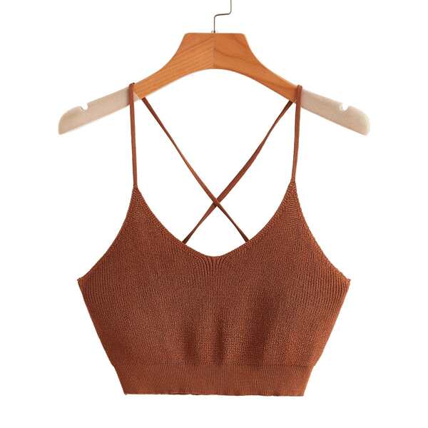

Crisscross Back Crop Knit Top, Rust brown