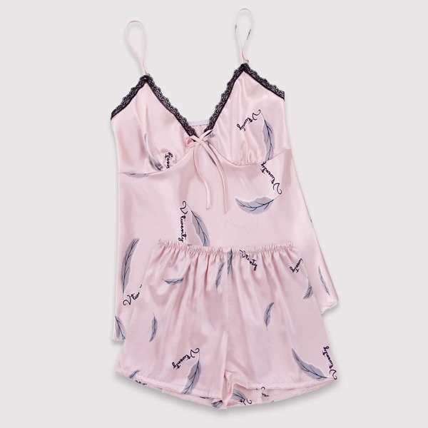 

Feather Print Satin Cami PJ Set, Baby pink