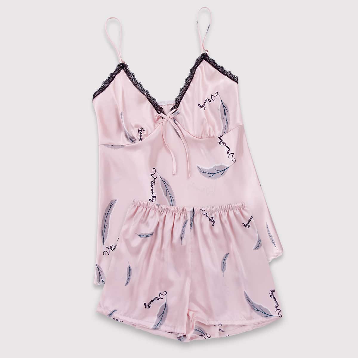

Feather Print Satin Cami PJ Set, Baby pink