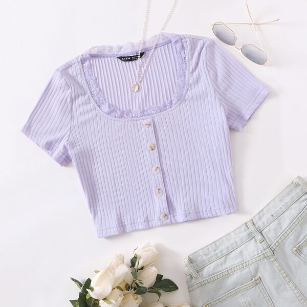 

Lace Trim Button Front Rib-knit Crop Tee, Lilac purple