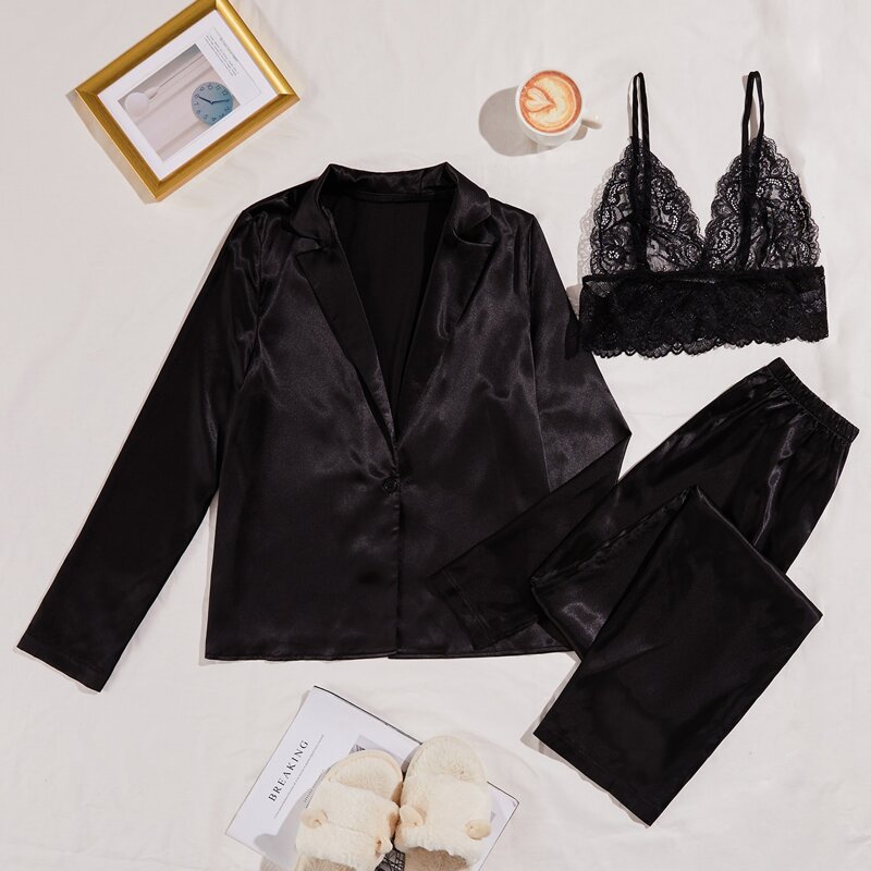 

3pcs Satin Lapel Neck Blouse & Pants & Lace Cami Top Night Set, Black