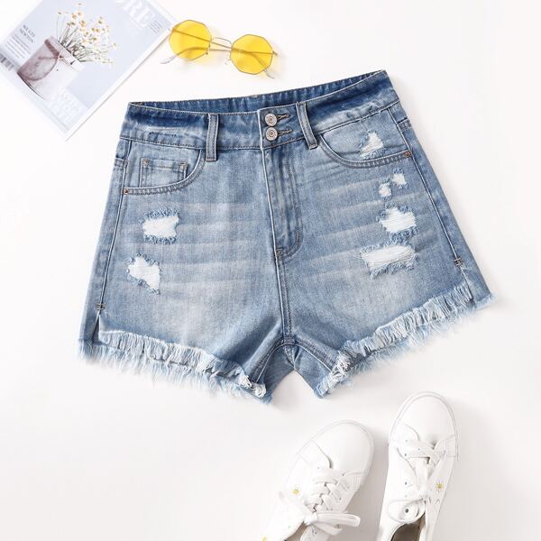 

Ripped Detail Raw Hem Slant Pocket Denim Shorts, Light wash