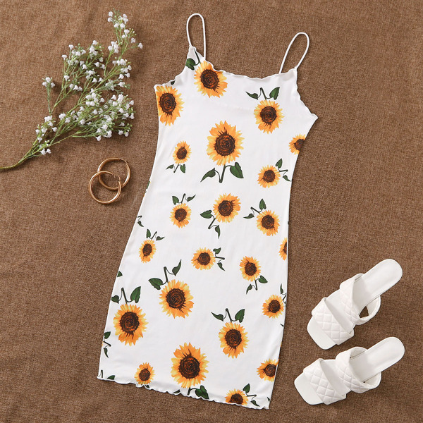 

Sunflower Print Lettuce Trim Bodycon Dress, White
