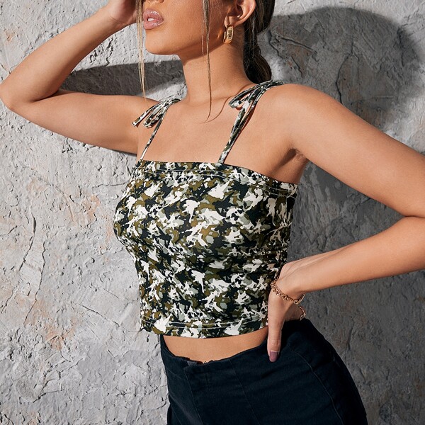 

Camo Print Knot Shoulder Crop Cami Top, Multicolor