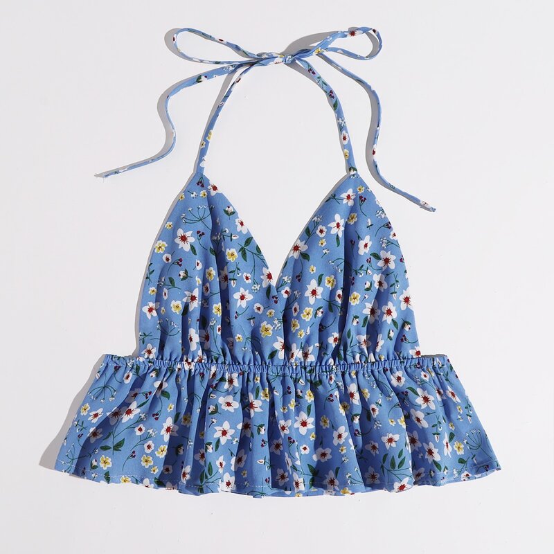 

Ditsy Floral Ruffle Hem Halter Top, Blue