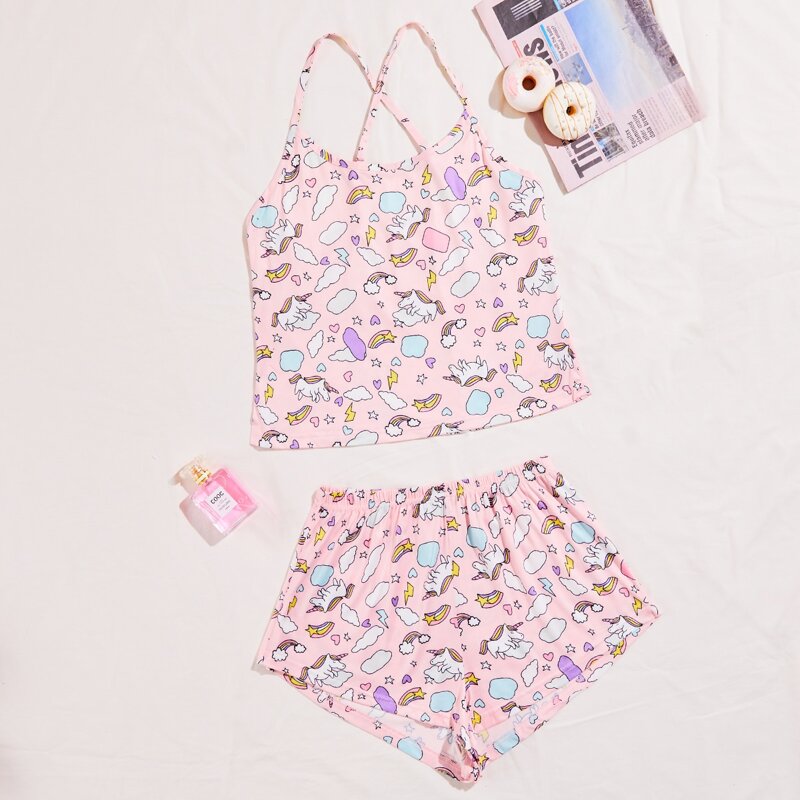

Cartoon Graphic Criss Cross Back Pajama Set, Multicolor