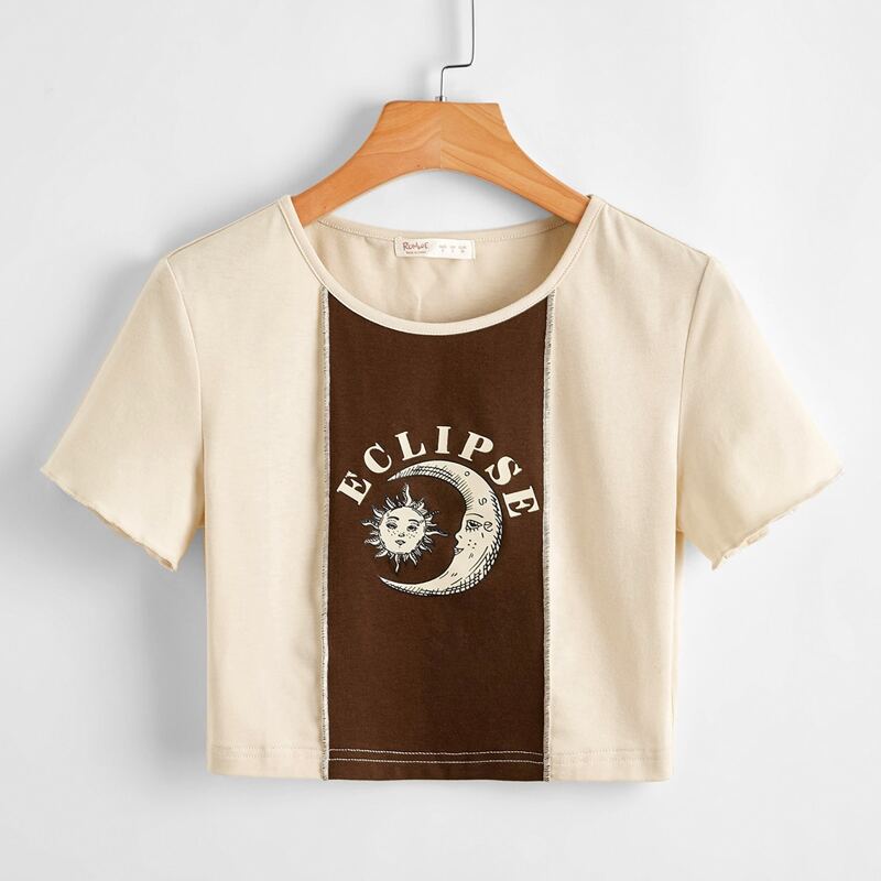 

Letter Sun & Moon Graphic Stitching Colorblock Tee, Multicolor