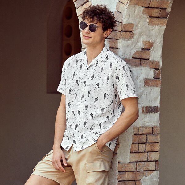 

Men Allover Cactus & Polka Dot Print Shirt, White