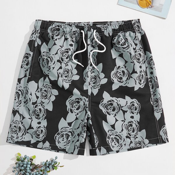 

Men Floral Drawstring Waist Swim Trunks, Multicolor