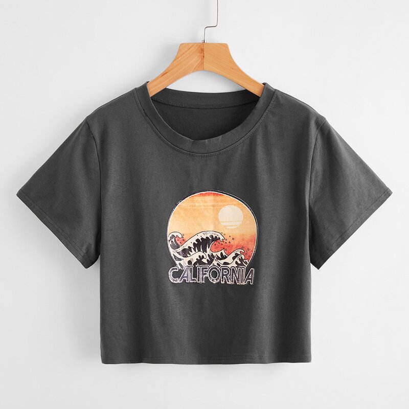 

Letter Wave Graphic Crop Tee, Dark grey