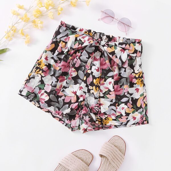 

Allover Floral Print Paperbag Waist Belted Shorts, Multicolor