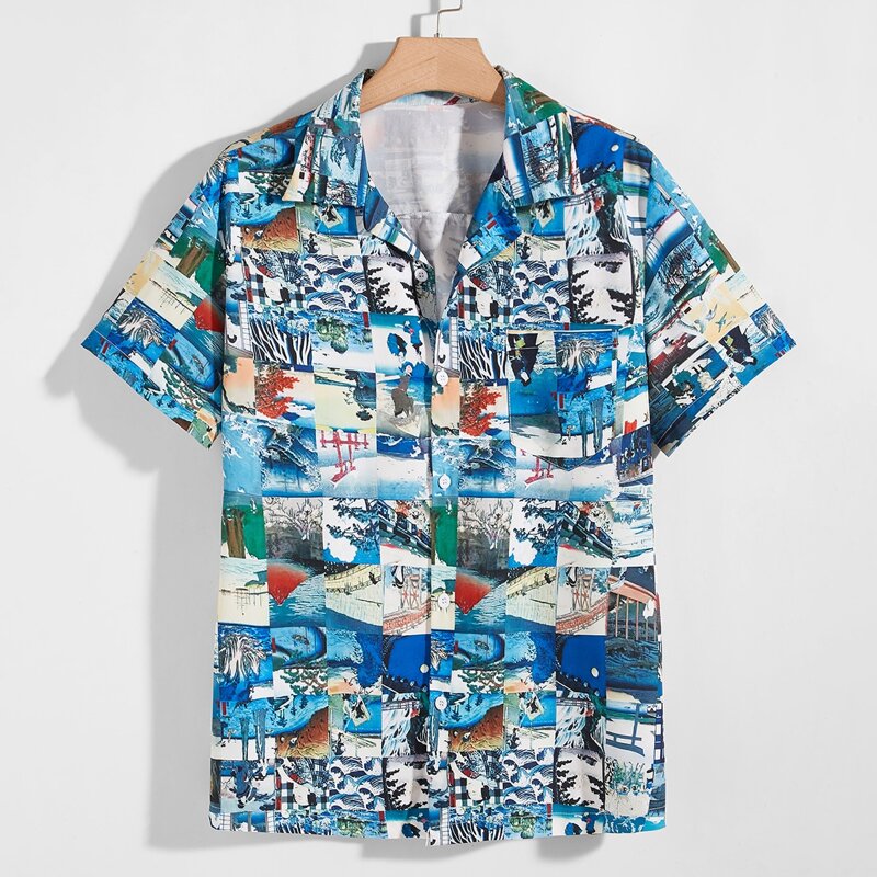 

Guys Patchwork Button Front Shirt, Multicolor