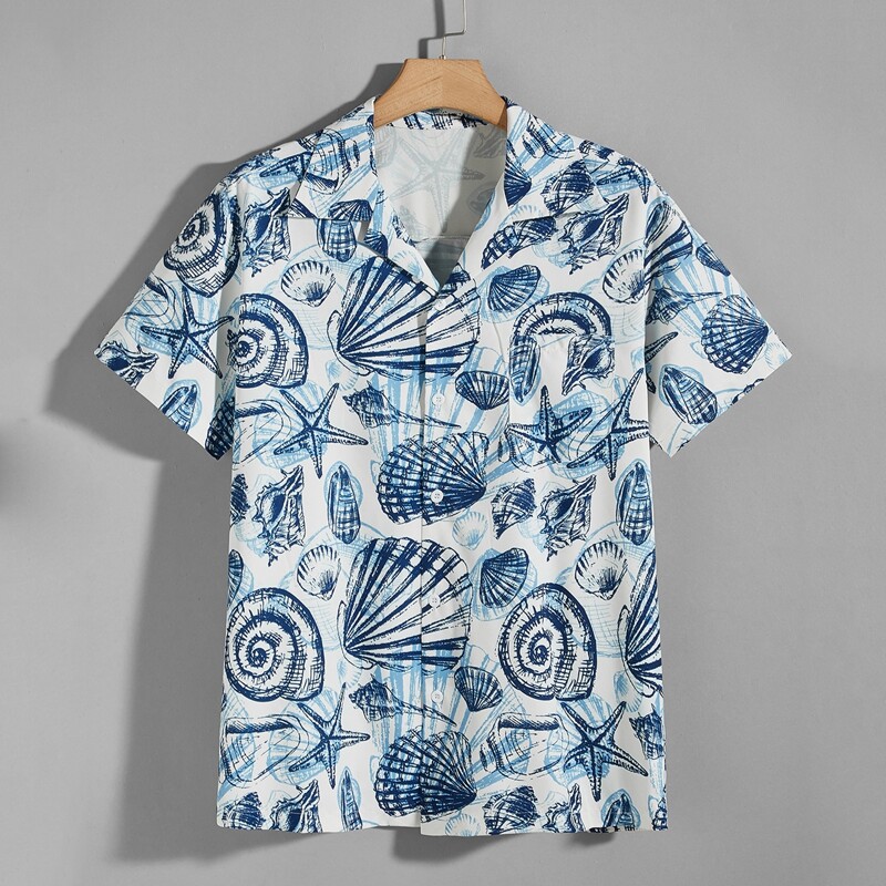 

Guys Shell Print Button Front Shirt, Blue and white