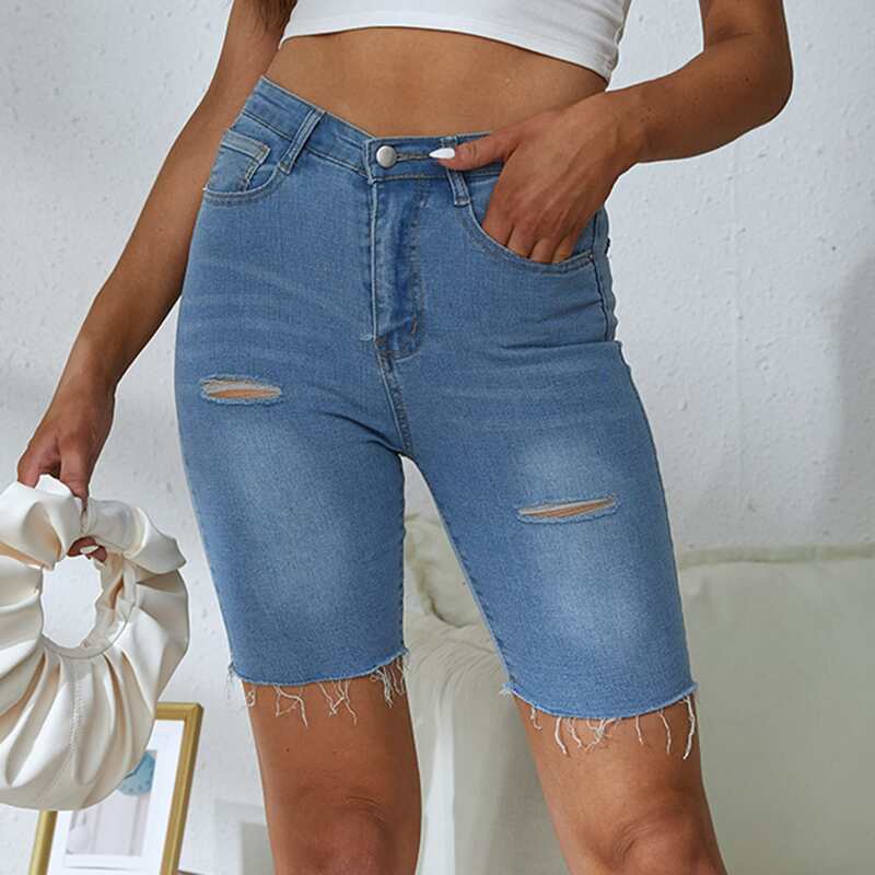 

Ripped Raw Hem Denim Shorts, Light wash