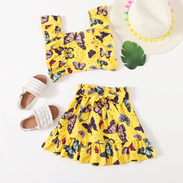 

Toddler Girls Butterfly Print Ruffle Trim Crop Top & Belted Skirt, Multicolor