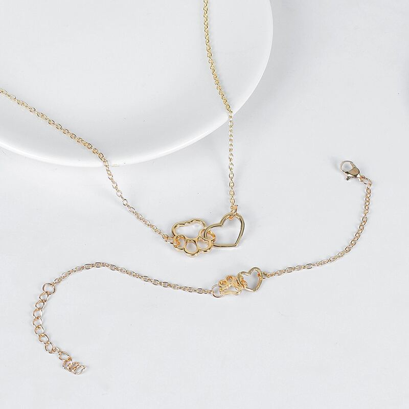 1pc Heart Chain Bracelet & 1pc Necklace, Gold