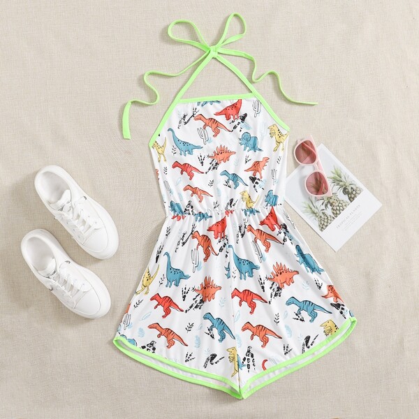 

Dinosaur Print Ringer Halter Romper, Multicolor