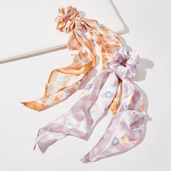 

2pcs Floral Print Scarf Hair Tie, Multicolor