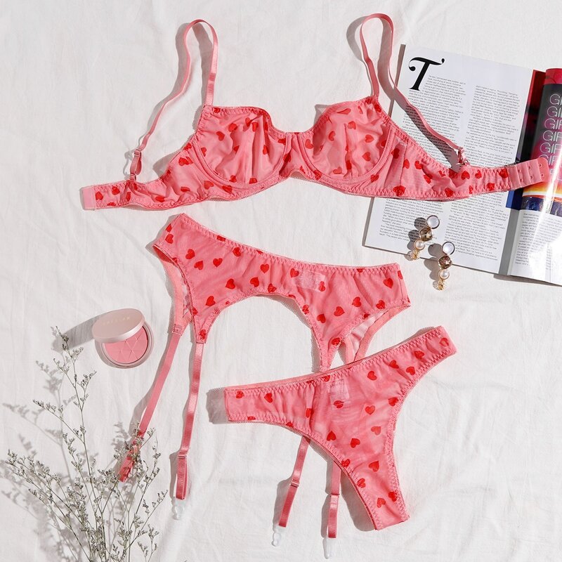 

Heart Print Mesh Underwire Garter Lingerie Set, Pink