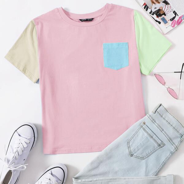 

Patch Pocket Colorblock Tee, Baby pink