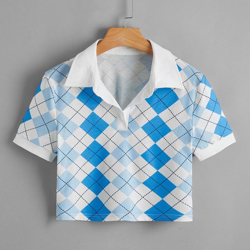 

Argyle Pattern Collar Crop Tee, Blue and white