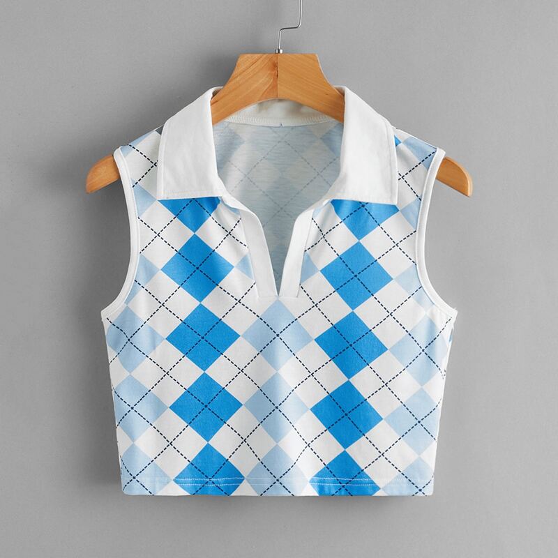 

Argyle Pattern Collar Tank Top, Blue and white