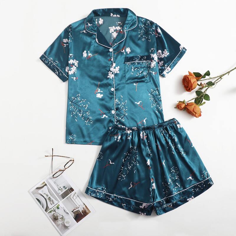 

Plus Floral Print Satin Pajama Set, Teal blue