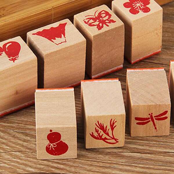 

8pcs Mixed Pattern Wooden Stamp, Khaki