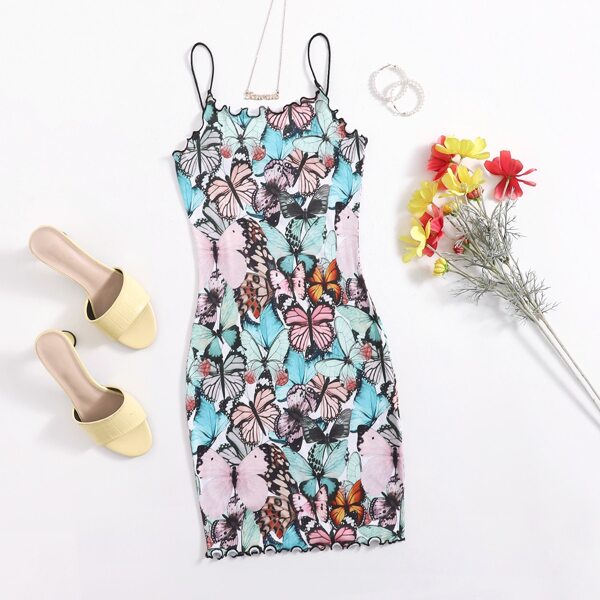 

Butterfly Print Lettuce Trim Dress, Multicolor