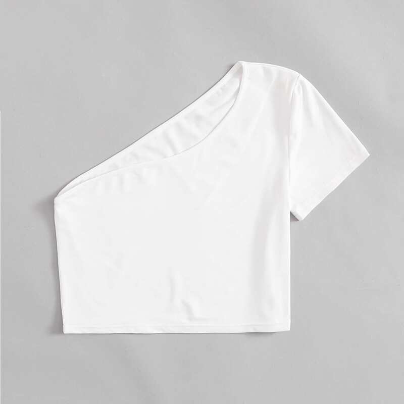 

Solid One Shoulder Crop Top, White