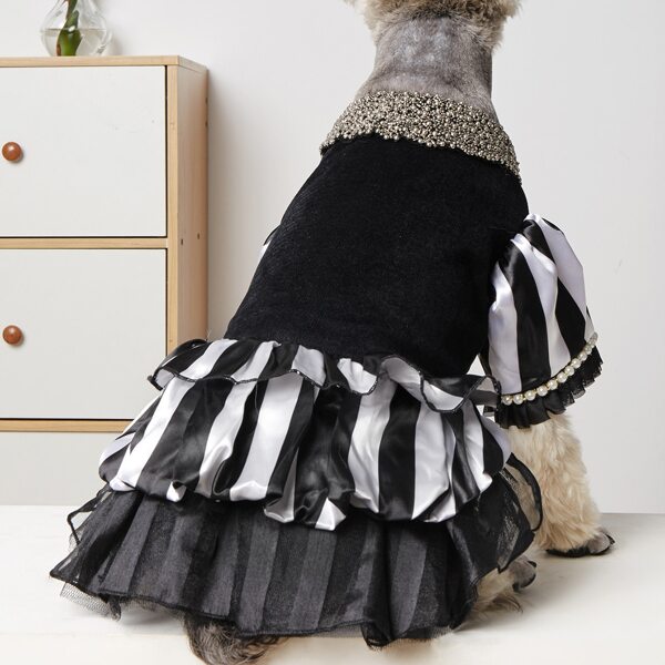 

Striped Pattern Pearl Pet Dress, Black
