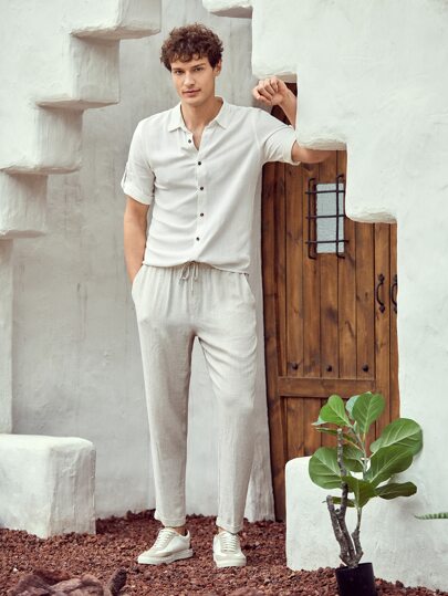 Manfinity Men Rolled Tab Sleeve Shirt & Pants Set