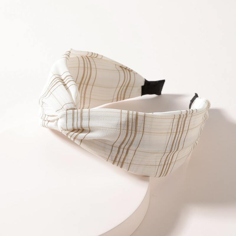 

Plaid Print Twist Headband, Beige