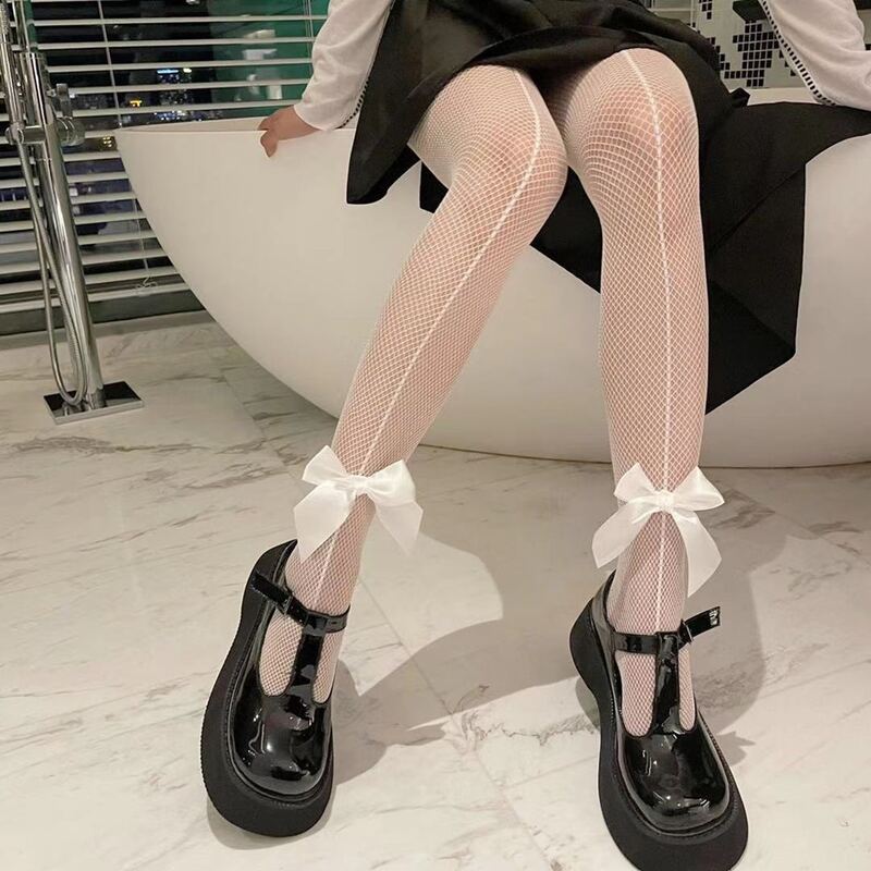 

1pc Bow Decor Fishnet Socks, White