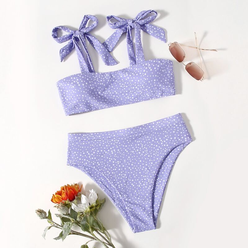

Polka Dot Tie Shoulder Bikini Swimsuit, Lilac purple