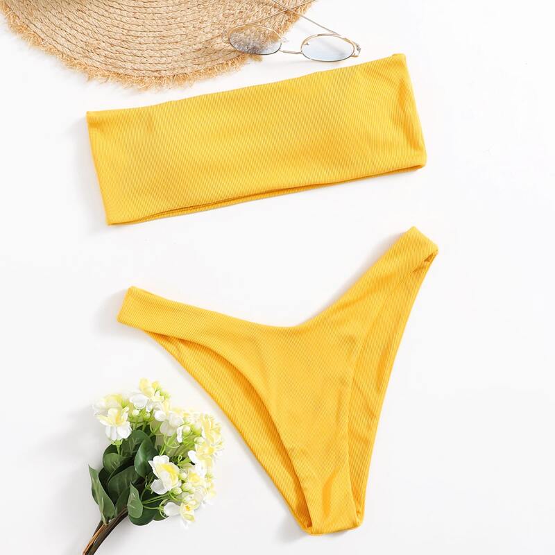 

Solid Bandeau High Leg Bikini Swimsuit, Yellow