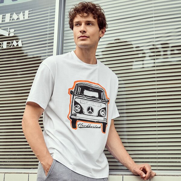 

Men Letter & Car Print Tee, White