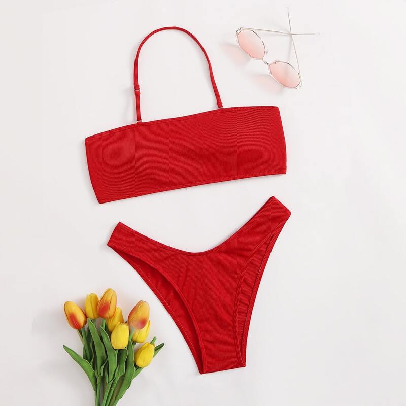 

Ribbed Halter High Leg Bikini Swimsuit, Red
