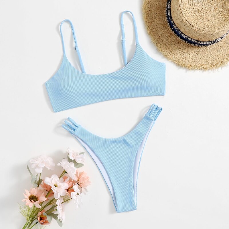 

Ribbed Cut-out High Leg Bikini Swimsuit, Blue