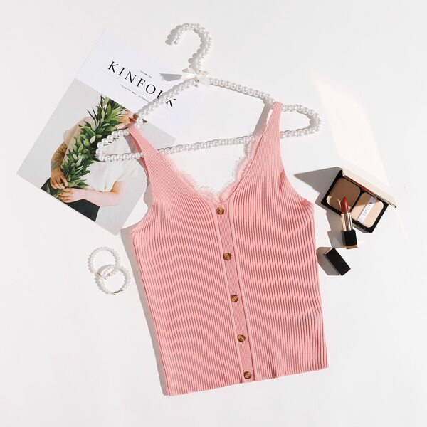 

Contrast Lace Button Front Knit Top, Coral pink