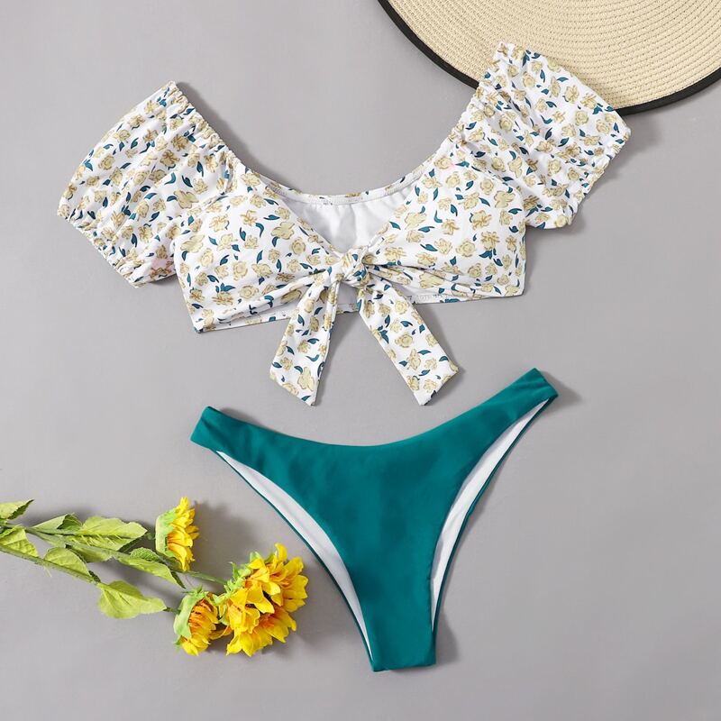 

Floral Knot Front Bikini Swimsuit, Multicolor