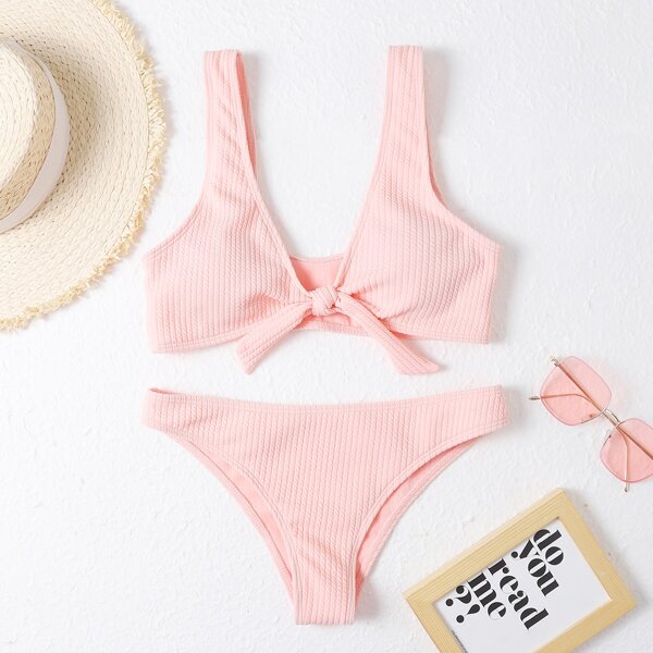 

Textured Knot Front Bikini Swimsuit, Baby pink