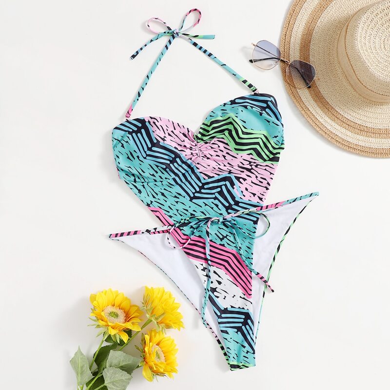

Graphic Tie Front High Leg One Piece Swimsuit, Multicolor